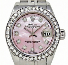 Afbeelding in Gallery-weergave laden, Rolex Datejust 26 mm roze parelmoer 2004 diamanten wijzerplaat roestvrij staal horloge 79174
