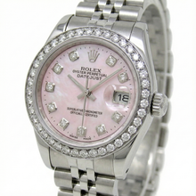 Afbeelding in Gallery-weergave laden, Rolex Datejust 26 mm roze parelmoer 2004 diamanten wijzerplaat roestvrij staal horloge 79174