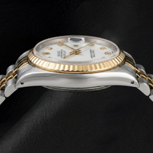 Afbeelding in Gallery-weergave laden, Rolex Datejust 36 mm horloge met witte wijzerplaat en diamanten, tweekleurig ontwerp