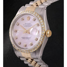 Afbeelding in Gallery-weergave laden, Rolex Datejust 36 mm roze parelmoer diamanten wijzerplaat tweekleurig horloge