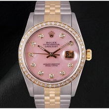 Afbeelding in Gallery-weergave laden, Rolex Datejust 36 mm roze parelmoer diamanten wijzerplaat tweekleurig horloge