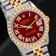 Afbeelding in Gallery-weergave laden, Rolex Datejust 68273 31mm Rode Romeinse Diamanten Wijzerplaat Tweekleurig Jubilee-armband Horloge