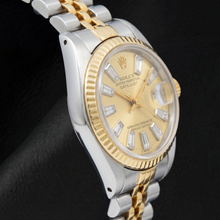 Afbeelding in Gallery-weergave laden, Rolex Datejust 69173 26mm Champagne Baguette Diamanten Wijzerplaat Tweekleurig Horloge