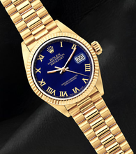 Afbeelding in Gallery-weergave laden, Rolex Datejust 69178 Blauwe Romeinse Wijzerplaat President-band Geelgoud Horloge 18K