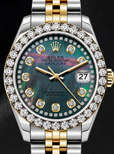 Afbeelding in Gallery-weergave laden, Rolex Datejust 6917 26mm Tweekleurig Horloge met Zwart Parelmoeren Diamanten Wijzerplaat met Diamantensnoer