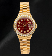 Afbeelding in Gallery-weergave laden, Rolex Datejust 6917 26mm Rode Diamanten Wijzerplaat Geelgoud President-band Horloge