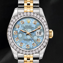 Afbeelding in Gallery-weergave laden, Rolex Datejust 6917 IJsblauwe Florale Diamanten Wijzerplaat 26mm Tweekleurig Horloge