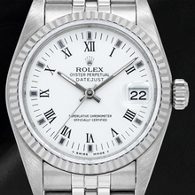Afbeelding in Gallery-weergave laden, Rolex Datejust 78274 31 mm horloge met witte wijzerplaat Romeinse cijfers geribbelde lunette roestvrijstalen kast en Jubilee horlogeband