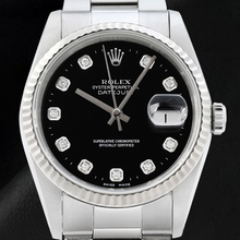 Afbeelding in Gallery-weergave laden, Rolex Datejust Horloge met Zwarte Diamanten Wijzerplaat en Roestvrij Stalen Oyster-armband