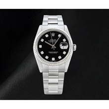 Afbeelding in Gallery-weergave laden, Rolex Datejust Horloge met Zwarte Diamanten Wijzerplaat en Roestvrij Stalen Oyster-armband