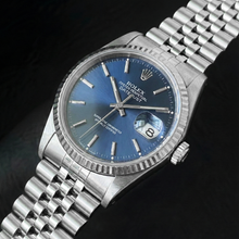 Afbeelding in Gallery-weergave laden, Rolex Datejust roestvrijstalen horloge van 36 mm met blauwe stickwijzerplaat