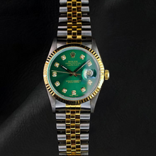 Afbeelding in Gallery-weergave laden, Rolex Datejust tweekleurig horloge met groene diamanten wijzerplaat van 36 mm