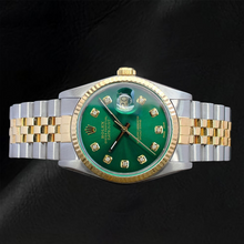 Afbeelding in Gallery-weergave laden, Rolex Datejust tweekleurig horloge met groene diamanten wijzerplaat van 36 mm
