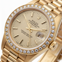 Afbeelding in Gallery-weergave laden, Rolex Datumjust Champagne Tapijtwerk wijzerplaat met krijtstreep horloge goud voorzitter