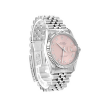 Afbeelding in Gallery-weergave laden, Rolex Datumjust Rolex-horloge met roze Romeinse wijzerplaat, gecanneleerde lunette roestvrij staal Jubileum, snel ingesteld
