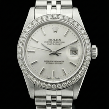 Afbeelding in Gallery-weergave laden, Rolex Datumjust dameshorloge roestvrij staal diamanten rand wit