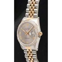 Afbeelding in Gallery-weergave laden, Rolex Datumjust diamanten rand herenhorloge tweekleurige jubileum grijze Romeinse wijzerplaat