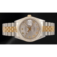 Afbeelding in Gallery-weergave laden, Rolex Datumjust diamanten rand herenhorloge tweekleurige jubileum grijze Romeinse wijzerplaat