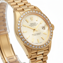 Afbeelding in Gallery-weergave laden, Rolex Datumjust geel goud voorzitter stijl horloge grijze stok wijzerplaat diamant