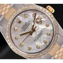 Afbeelding in Gallery-weergave laden, Rolex Datumjust herenhorloge met parelmoer diamanten wijzerplaat tweekleurige snel ingesteld