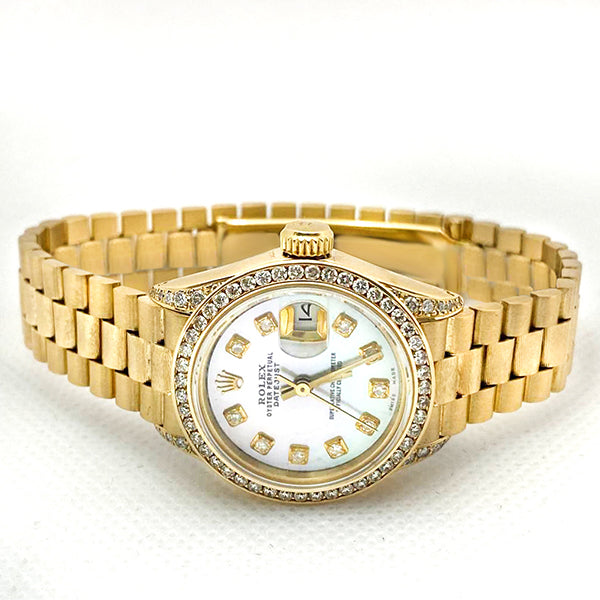 Rolex Lady Datejust President Style parelmoer diamanten wijzerplaat geelgouden horloge