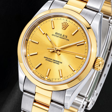 Afbeelding in Gallery-weergave laden, Rolex Oyster Perpetual 14203 34mm Champagnekleurige Wijzerplaat met Streepindexen Tweekleurig Horloge