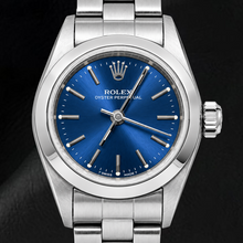 Afbeelding in Gallery-weergave laden, Rolex Oyster Perpetual 76080 26mm Horloge van Roestvrij Staal met Blauwe Wijzerplaat met Streepindexen