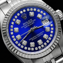 Afbeelding in Gallery-weergave laden, Rolex blauw roestvrijstalen jubileum Datumjust-horloge met dubbele rij diamanten wijzerplaat