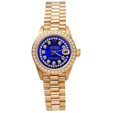 Afbeelding in Gallery-weergave laden, Rolex blauwe Snaar diamanten wijzerplaat presidentiële stijl dameshorloge geel goud