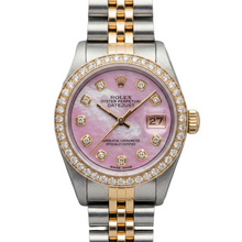 Afbeelding in Gallery-weergave laden, Rolex dames 18K geelgouden diamanten horloge met roze wijzerplaat