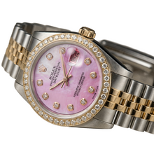Afbeelding in Gallery-weergave laden, Rolex dames 18K geelgouden diamanten horloge met roze wijzerplaat