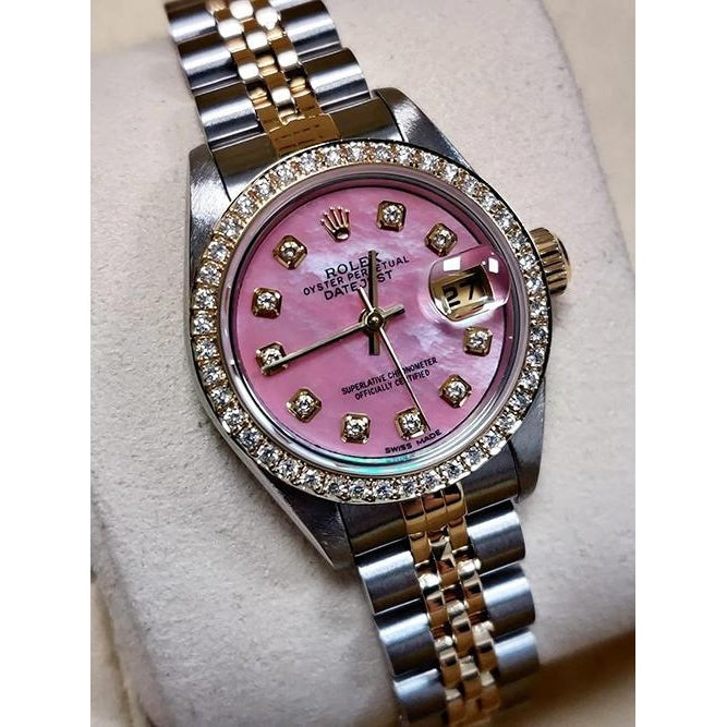 Rolex dames 18K geelgouden diamanten horloge met roze wijzerplaat