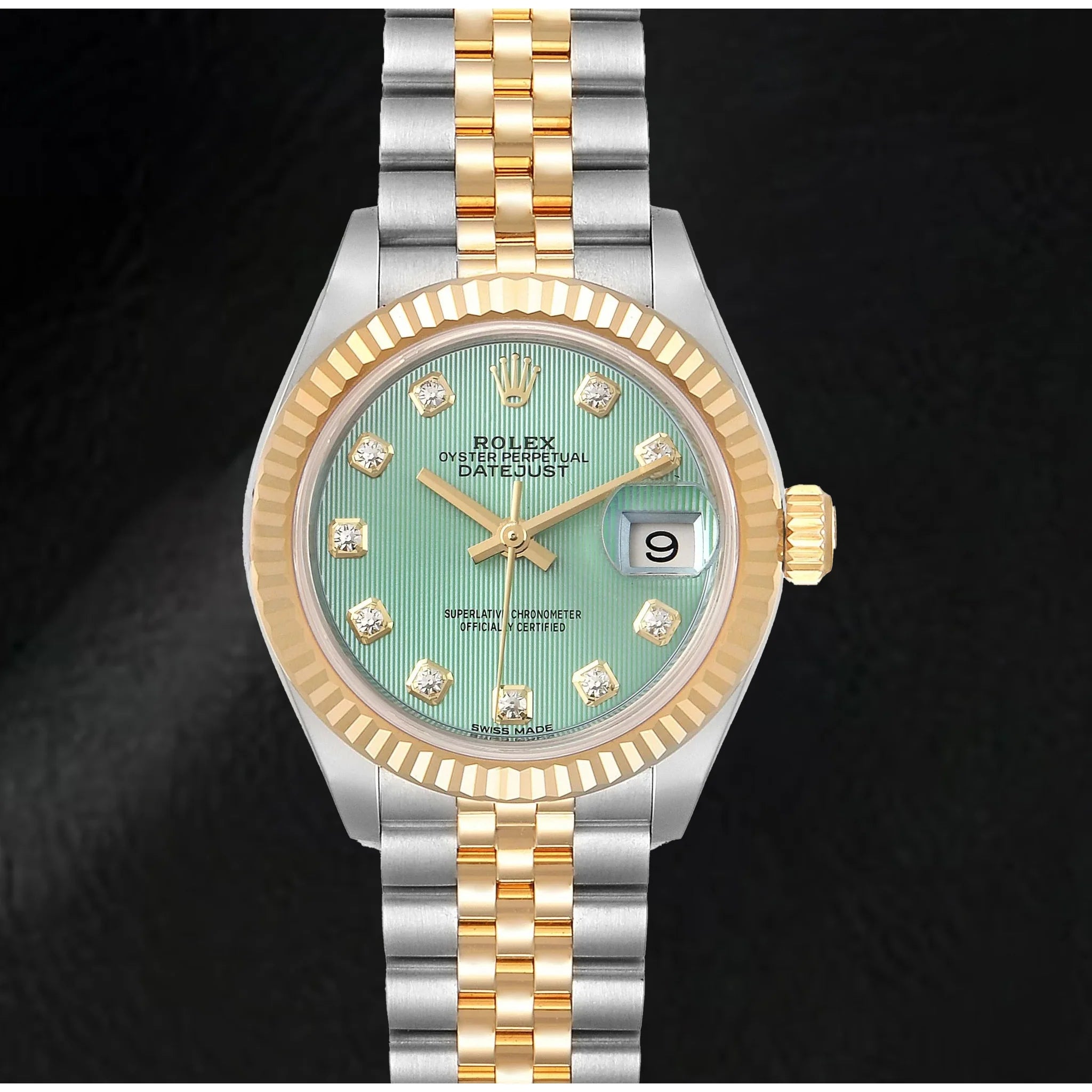 Rolex dameshorloge 279.173 Datumjust 28 staal geelgoud groene Tepstrey diamanten wijzerplaat