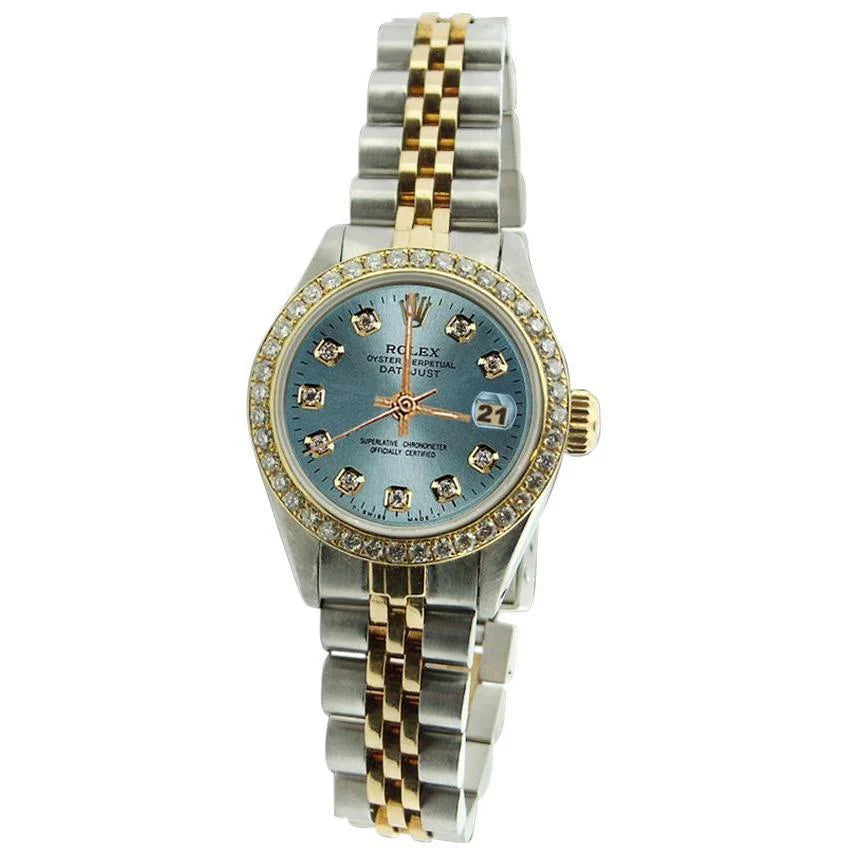 Rolex dameshorloge met blauwe diamanten wijzerplaat datum gewoon roestvrij staal en goud