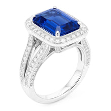 Afbeelding in Gallery-weergave laden, Ronde Diamond Halo Radiant Sapphire Ring Split Milgrain Shank 5 karaat