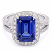 Afbeelding in Gallery-weergave laden, Ronde Diamond Halo Radiant Sapphire Ring Split Milgrain Shank 5 karaat