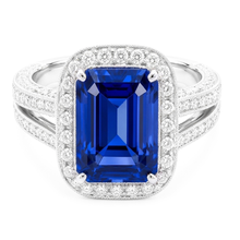 Afbeelding in Gallery-weergave laden, Ronde Diamond Halo Radiant Sapphire Ring Split Milgrain Shank 5 karaat
