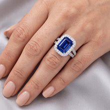 Afbeelding in Gallery-weergave laden, Ronde Diamond Halo Radiant Sapphire Ring Split Milgrain Shank 5 karaat