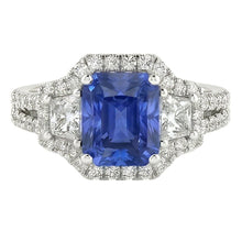 Afbeelding in Gallery-weergave laden, Ronde & Trapezium Diamant Halo Saffier Verlovingsring 4 Karaat