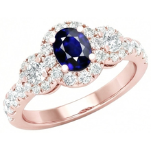 Afbeelding in Gallery-weergave laden, Rose Gold Halo ovale saffier ring 3 stenen stijl Natuurlijke echte diamant ( niet in het laboratorium gekweekt )en 5,50 karaat