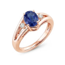 Afbeelding in Gallery-weergave laden, Rose goud 3 stenen trouwring 2,25 karaat ovale blauwe saffier sieraden
