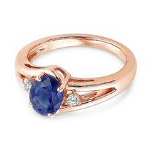 Afbeelding in Gallery-weergave laden, Rose goud 3 stenen trouwring 2,25 karaat ovale blauwe saffier sieraden
