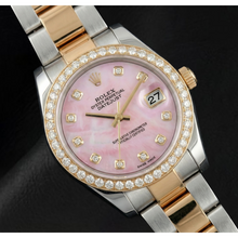 Afbeelding in Gallery-weergave laden, Roze parelmoer diamanten wijzerplaat 36 mm Rolex Datejust Two Tone horloge Oyster armband