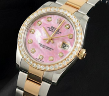 Afbeelding in Gallery-weergave laden, Roze parelmoer diamanten wijzerplaat 36 mm Rolex Datejust Two Tone horloge Oyster armband