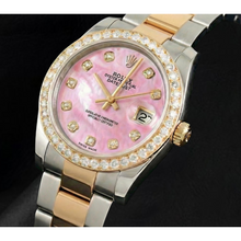 Afbeelding in Gallery-weergave laden, Roze parelmoer diamanten wijzerplaat 36 mm Rolex Datejust Two Tone horloge Oyster armband
