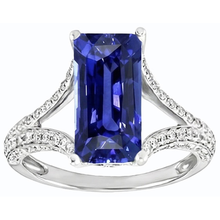 Afbeelding in Gallery-weergave laden, Smaragd edelsteen blauwe saffier ring 4,50 karaat witgouden gespleten schacht