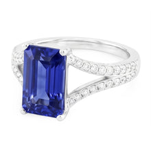 Afbeelding in Gallery-weergave laden, Smaragd edelsteen blauwe saffier ring 4,50 karaat witgouden gespleten schacht