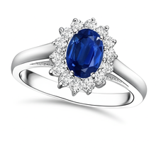 Afbeelding in Gallery-weergave laden, Solitaire Met Accent 3,70 Ct Saffier En Diamanten Ring Wit Goud