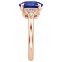 Afbeelding in Gallery-weergave laden, Solitaire Ring Blauwe Saffier & Diamanten Accenten 4 Karaats Bloemenstijl