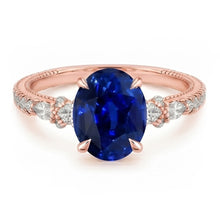 Afbeelding in Gallery-weergave laden, Solitaire Ring Met Peer Diamanten Accenten Ovaal Ceylon Saffier 4 Karaat